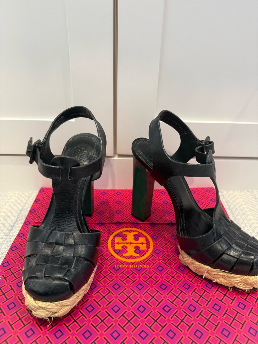 Tory Burch Navy Woven Leather Platform Wedge Sandals - green accent heel!